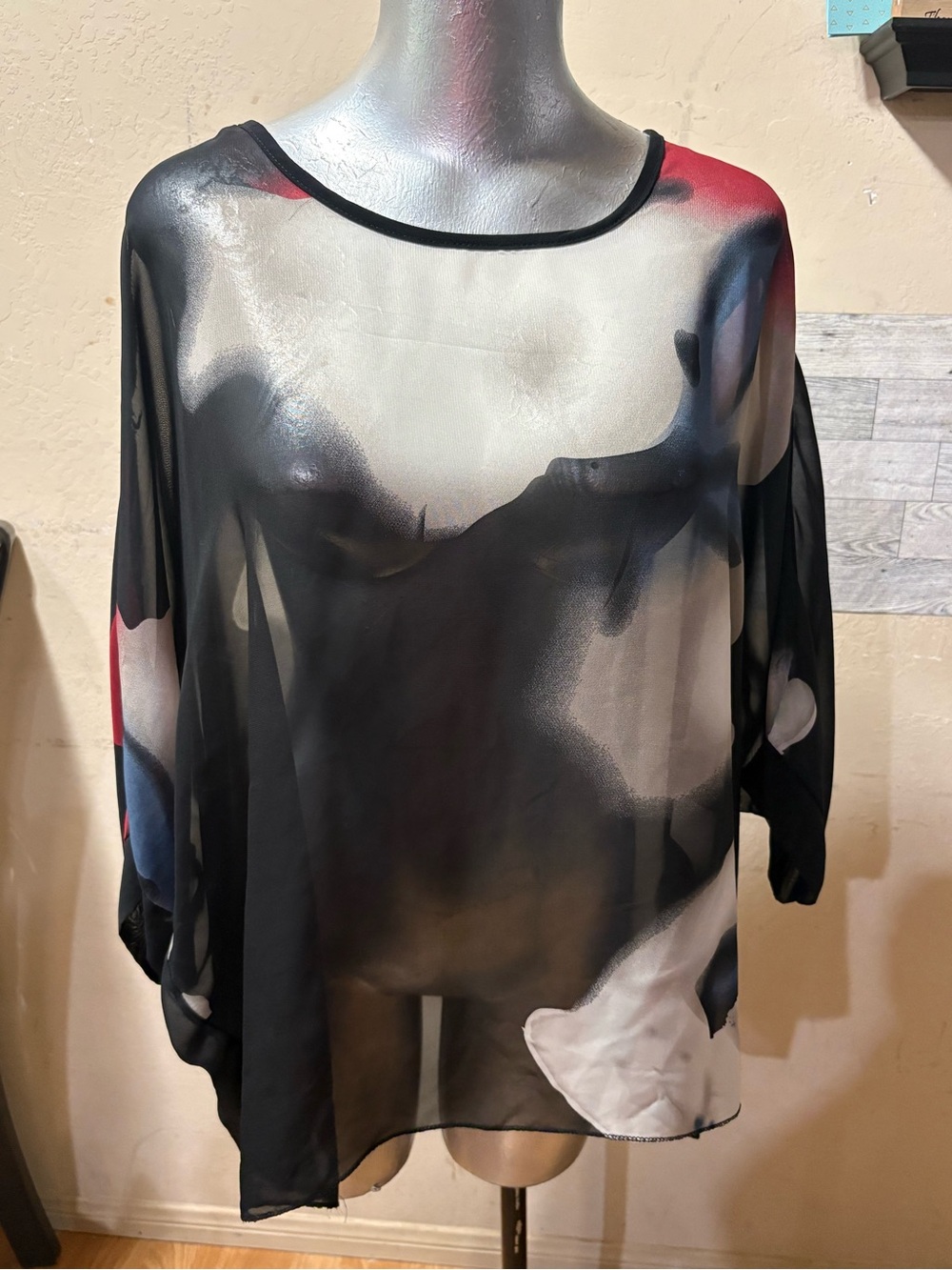 Sheer Abstract Print Dolman Tunic Top - Black with Red & Blue Accents
